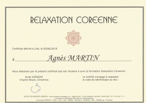 Diplôme Massage Relaxation Coréenne